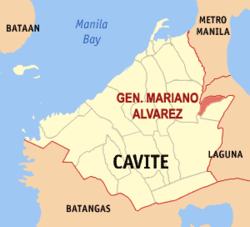 Bản đồ Cavite với vị trí của the town of General Mariano Alvarez.