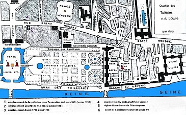 1857年パリ改造初期に発刊されたフランス革命期1792年の地図。テュイルリー宮殿とサントノレ通り(リヴォリ通りやオペラ大通りは未開通)。