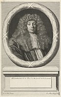 Portret van Adriaan Beverland door Johannes Willemsz. Munnickhuysen. ((1676-1680). Het gezicht van Beverland is vrijwel identiek getekend als op het schilderij van Ary de Vois.