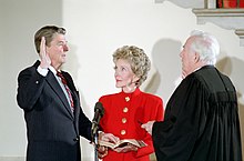 President Reagan being sworn in for his second term "privately" on television, January 20, 1985 President Ronald Reagan Being Sworn in for a Second Term by Chief Justice Warren Burger as Nancy Reagan Observes during the Private Ceremony at the White House.jpg