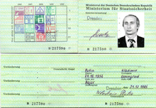 The Stasi identity card of Vladimir Putin, who worked in Dresden as a KGB liaison officer to the Stasi Putin-Stasi-Ausweis.png