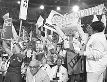 Michigan delegates waving signs for their candidates on day two of the convention. RNC 1976 Michigan delegates.jpg