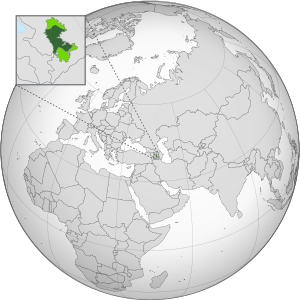Нагорно-Карабахская Республика на карте мира. Светло-зелёным обозначены территории, утерянные в разные годы (1991, 1992, 2016, 2020)