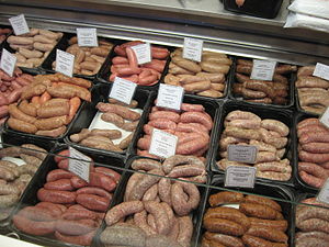 English: Sausages, seen in Covered Market, Oxford.