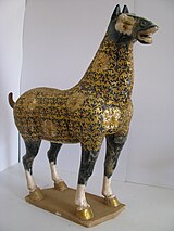 Tang dynasty 'leopard' horse with body clad in gilded filigree Tang Dynasty-Blue spotted 'leopard' horse. Body cladded in gilded filigree.JPG