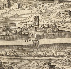 Kyrkan San Matteo in Merulana (T[emplum] S[ancti] Matthæi) på Antonio Tempestas vy över Rom från år 1593.