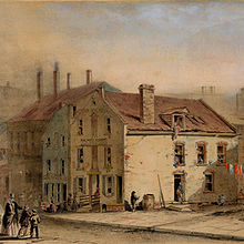 Coulthard's Brewery (built c. 1792), converted to a tenement later known as "The Old Brewery" after the financial Panic of 1837 and resulting economic depression The Old Brewery Five Points.jpg