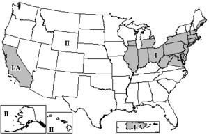 FM broadcast zones in the U.S. US FM broadcast zones.png