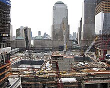Rebuilding progress in April 2011, looking west from the transportation hub's site WTC Ground zero-2011-april.jpg