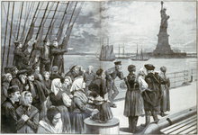 An 1887 illustration of immigrants on an ocean steamer passing the Statue of Liberty in New York Harbor Welcome to the land of freedom.png