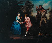 Женщина встречает мужчину в лесной сцене. Она носит синее шелковое платье, а он - актриса, одетая как мужчина - носит розовый шелковый пиджак и бриджи, белые чулки и туфли с серебряными пряжками. Каждый из них заботливо сжимает правую руку друг друга, а двое грубых мужчин в более скромной одежде наблюдают за ними.