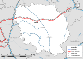 Carte du réseau routier national (autoroutes et routes nationales) dans le département de la Creuse