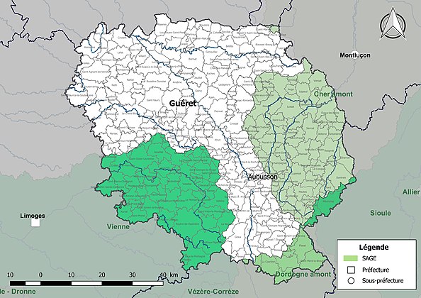 Carte des SAGE de la Corrèze au 17 juin 2022. Le département est couvert par 3 SAGE (Vienne, Cher amont, Dorodgne amont)
