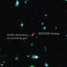 Assembly of galaxy in early Universe. ALMA witnesses assembly of galaxy in early Universe (annotated).jpg