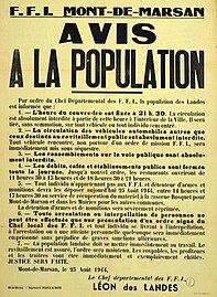 Avis à la population du 25 août 1944 signé Léon des Landes, chef départemental des FFI, imposant notamment un couvre-feu et annonçant les mesures d'épuration à venir.