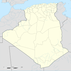 Mapa konturowa Algierii, blisko górnej krawiędzi po prawej znajduje się punkt z opisem „Umm al-Bawaki”