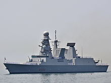 The Italian Caio Duilio, belongs to the Horizon-class of Franco-Italian designed first-rate frigates. Caio Duilio D554.jpg