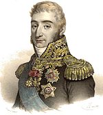 Color print of a long-nosed man with sideburns wearing a military uniform with elaborate gold braid and epaulettes