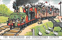 Comic postcard of Walkerburn and Innerleithen Train
