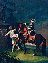 Equestrian portrait of Empress Elizabeth of Russia with a Moor servant Elizaveta with Black Servant by Grooth (1743, Hermitage).jpg