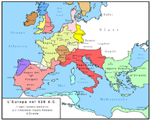 Map of the Barbarian kingdoms (major kingdoms and the Roman Empire labelled below) of the western Mediterranean in 526, seven years before the campaigns of reconquest under Eastern emperor Justinian I
The Roman Empire under Justinian
The Vandal Kingdom
The Ostrogothic Kingdom of Italy
The Visigothic Kingdom
The Frankish Kingdom Europa in 526.png