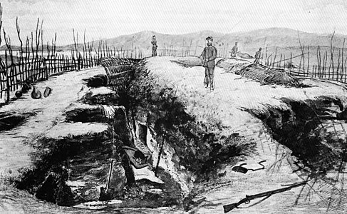 Pukehinahina / Gate Pā following the battle, 30 April 1864. Based on a sketch by H G Robley