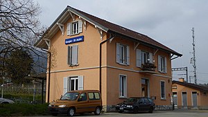 Two-story building with gabled roof