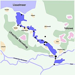 The Grebbe line, a forward defence line of the Dutch Water Line, is shown in dark blue Grebbelinie the Netherlands.jpg