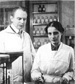 Lise Meitner and Otto Hahn at their laboratory in Berlin from the Kaiser-Wilhelm-Gesellschaft in 1912 Hahn Meitner 1912.jpg