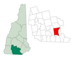 Merrimacks läge (rött) i Hillsborough County (vitt) och Hillsborough Countys läge (mörkgrönt) i New Hampshire (ljusgrönt).