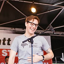 Appelbaum talks at the protest march, Freedom not fear, in Berlin (2013). Jacob Appelbaum, Freiheit statt Angst 2013.jpg