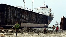 Workers drag steel plate ashore from beached ships in Chittagong, Bangladesh Jafrabad Chittagong shipbreaking (8).JPG