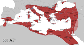 Late Roman Empire in the time of Emperor Justinian I around 555 Justinian555AD.png