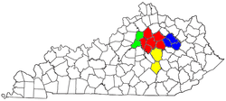 Map of the Lexington-Fayette-Frankfort-Richmond CSA, with the Lexington-Fayette Metropolitan Statistical Area highlighted in red satellite.