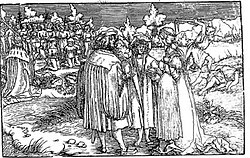 Maximilian I paying attention to an execution instead of watching the betrothal of his son Philip the Handsome and Joanna of Castile. The top right corner shows Cain and Abel. Satire against Maximilian's legal reform, associated with imperial tyranny. Created on behalf of the councilors of Augsburg. Plate 89 of Von der Arztney bayder Gluck by the Petrarcameister [de]. Maximilian I watching an execution during Philip and Joanna betrothal.jpg