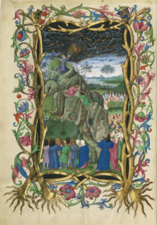 Moïse recevant les Tables de la Loi. Missel de Salzbourg, t. III (1478-1489). Bibliothèque d'État de Bavière, Munich, Clm 15710, fol. 3v.