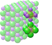 Crystal structure of sodium chloride (NaCl) with sodium cations (Na) in purple and chloride anions (Cl) in green. The yellow stipples represent the electrostatic force between the ions of opposite charge. NaCl octahedra.svg
