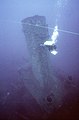 Navy diver and survey line at the stack in 1987