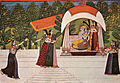 Miniatura rājput: Krixna i Radha en un pavelló (cap a 1750), de Nihal Chand, Allahabad