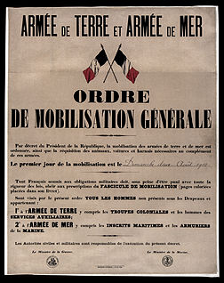 Affiche de l'ordre de mobilisation générale des armées de terre et de mer françaises, du 1er août 1914. (définition réelle 8 105 × 10 225)