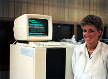 A Prime 9950 computer system with CRT console showing PRIMOS on the screen, in Kean University computer room Prime9950 kean.jpg