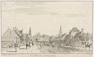 Het Hoendiep buiten de Apoort. Pentekening van Cornelis Pronk uit ca. 1755