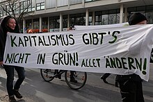 Protest against building a Tesla factory in Germany. Translation of the text: "Capitalism doesn't come in green! Change everything!" Protest against Tesla factory Erkner 2020-02-22 20.jpg