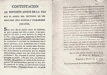 Folleto polémico impreso por Ramón Domingo al inicio del Trienio Liberal (1820)