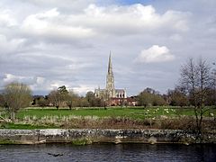 Salisbury Cathedral seen from the banks of the Nadder