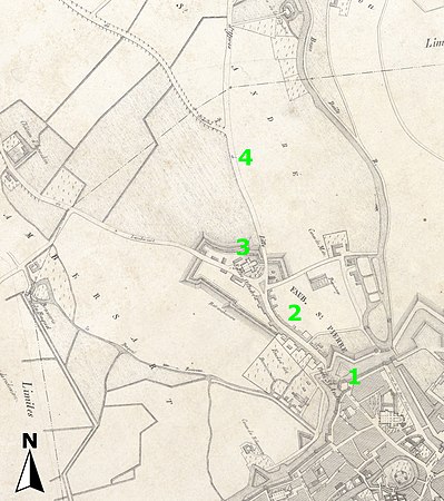 Figure 1 : État en 1667 1 Porte Saint-Pierre 2 Faubourg Saint-Pierre sur la route d'Ypres 3 Ancienne église Saint-André 4 Route d'Ypres