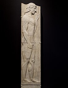 Stele of Aristion, heavy-infantryman or hoplite. 510 BC. Top of helmet and pointed beard missing. Stele of Aristion.jpg