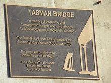 A plaque on the side of the eastern bridge support TasmanBridgePlaque.png