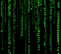 green glyphs in a vertical pattern on a black background with the appearance of a CRT