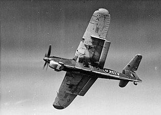 A Fairey Barracuda Mk II of 814 NAS, showing the observer's window, the distinctive dive brakes, the high tail plane, and one of the lugs in which the accelerator / catapult engages.